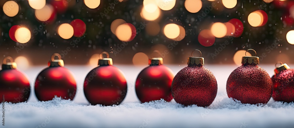 Poster Christmas scene with snow a row of red ornaments and bokeh lights in the background. with copy space image. Place for adding text or design
