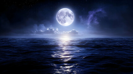 A full moon shines brightly over a calm ocean at night, illuminating the water with its glow.