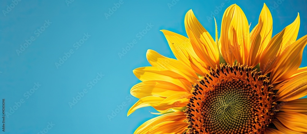Poster a sunflower image set against a blue sky background. with copy space image. place for adding text or