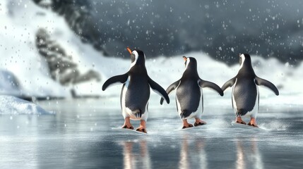 Obraz premium Penguins going ice skating on a frozen lake, gracefully gliding and spinning on the ice.