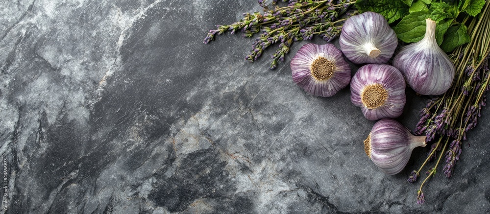 Poster french dried violet garlic and fresh garden herbs on a granite board. with copy space image. place f
