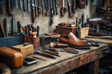 Shoemaker's work desk. Tools and leather at cobbler workplace. Set of leather craft tools on wooden background. Shoes maker tools on wooden table
