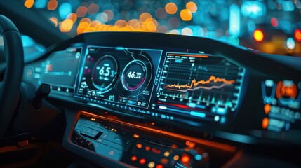 A car dashboard with a digital screen showing a graph of a stock market