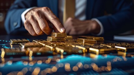 A man is pointing at a pile of gold bars