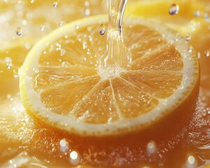 Lemon being squeezed, with juice droplets and vibrant yellow color, Fresh, Bright, Macro