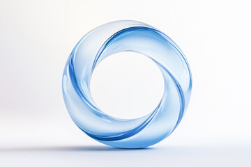A smooth, transparent blue glass sculpture in the shape of a circular wave, embodying elegance and modernity.