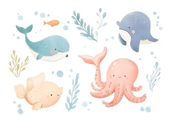 Naklejka premium Colorful Aquatic Creatures Swimming in the Underwater Seascape with Coral Reef and Seaweed