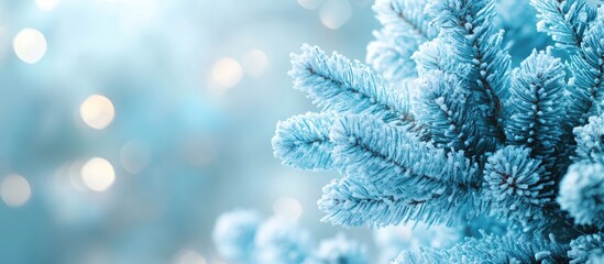 A section of a Christmas tree adorned in blue tones against a white background featuring space for writing text Christmas card. with copy space image. Place for adding text or design