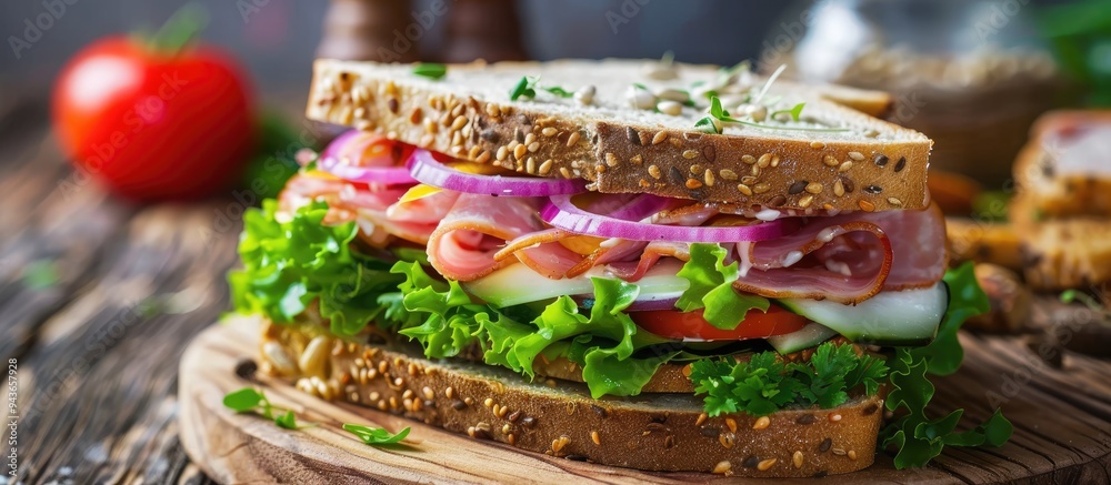 Aufkleber Sandwich featuring salad herbs chicken ham red onion seeds and spicy sour cream sauce presented on a white plate Wooden background. with copy space image. Place for adding text or design