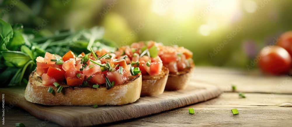 Fototapete bruschetta topped with cherry tomato and chive on a wooden table. with copy space image. place for a