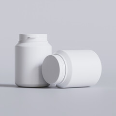 Plastic bottle white color, throat, capsule, pills isolated on gray background. 3D rendering illustration 