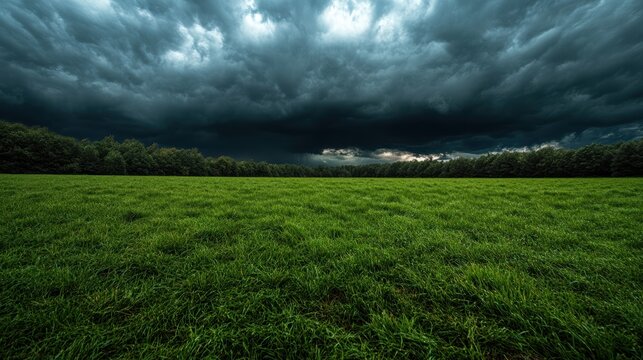 A dramatic scene of dark storm clouds rolling over a vast green field, creating a powerful contrast between the vibrant grass and the ominous sky.