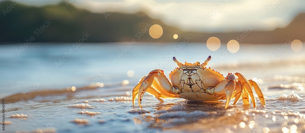 Poster Sea shell crab on the beach background with bokeh on morning ripples. with copy space image. Place for adding text or design