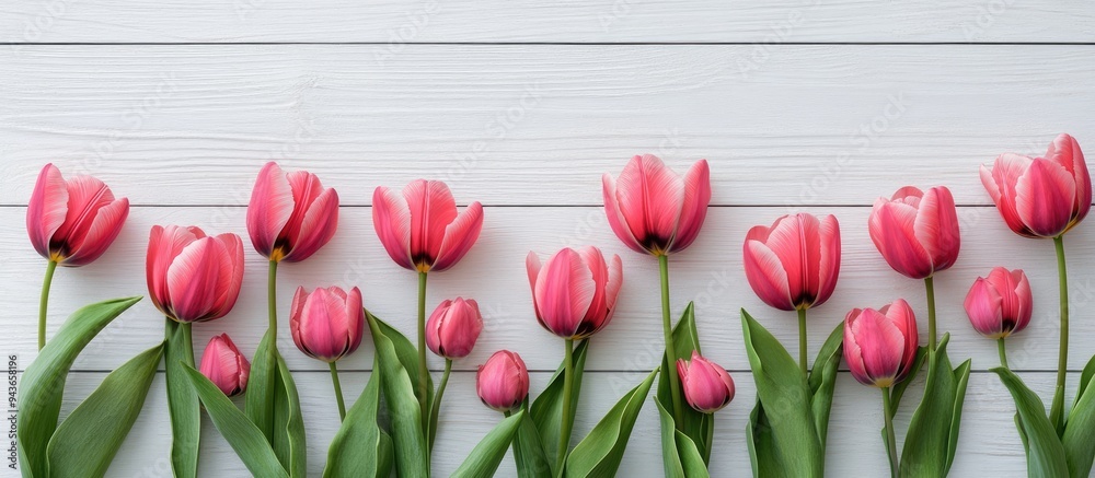 Poster pink tulips against a white wooden background. with copy space image. Place for adding text or design