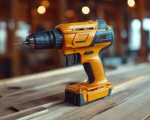 Nail gun in use, with nails being driven into wood, ready for construction, Dynamic, Bright, High Energy