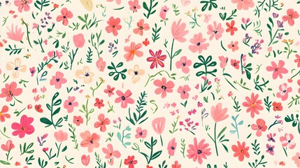 Vibrant Floral Pattern with Blooming Botanical Elements in Pastel Colors
