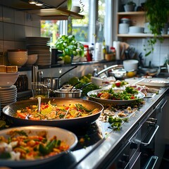 Obraz premium Chaos in a Modern Kitchen with Dirty Dishes and Food Scraps Everywhere