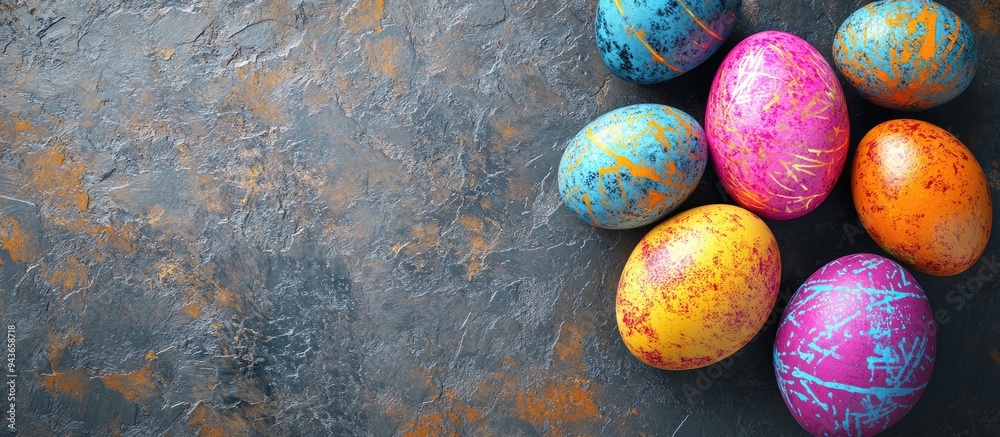 Aufkleber composition featuring futuristic easter eggs on a textured stone background copyspace top view