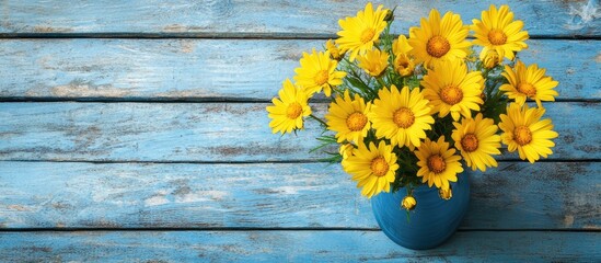 Yellow daisies in a small vase on a blue wooden table top view copyspace © vxnaghiyev