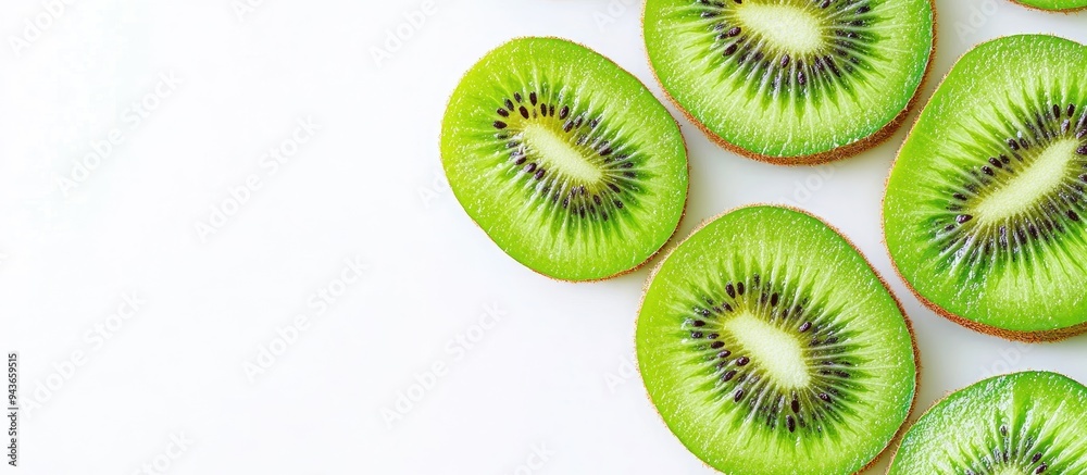 Fototapete freshly sliced kiwi fruit on a white background room for text vertical image. with copy space image.