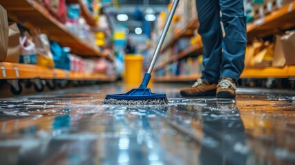 A person is sweeping a wet floor in a store