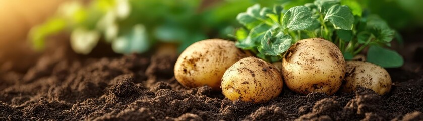 Potato freshly dug from the ground, with soil and roots still attached, Earthy, Warm, Detailed