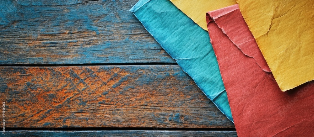 Leinwandbilder colored paper on a wooden background. with copy space image. place for adding text or design