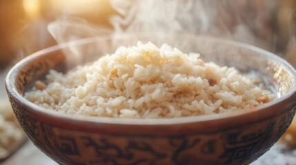 Rice being scooped from a bowl, with steam and a focus on texture, Simple, Warm, Detailed