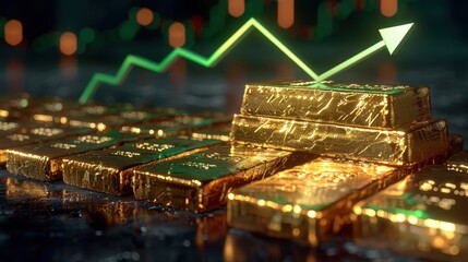 Obraz premium A stack of gold bars with a green arrow pointing upwards