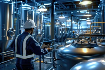 Fototapeta premium Factory worker inspects brewery production line with computer tablet.