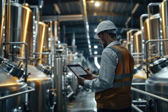 Factory worker inspects brewery production line with computer tablet.