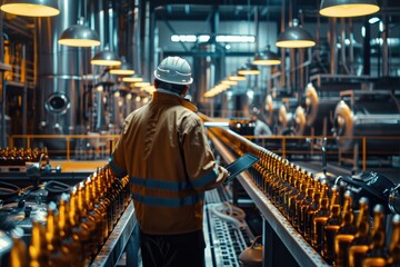 Worker inspects beer production line in brewery with tablet.