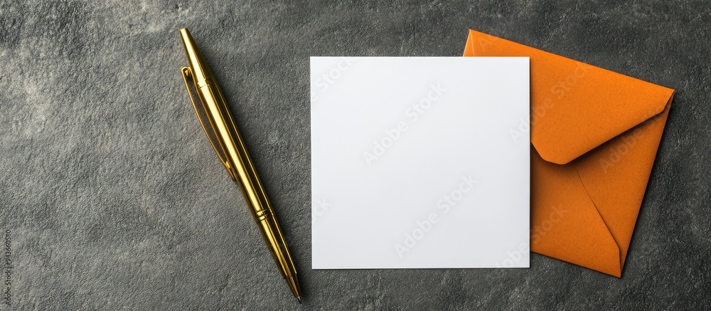 Aufkleber a blank white card beside a golden pen and an orange paper envelope. with copy space image. Place for adding text or design