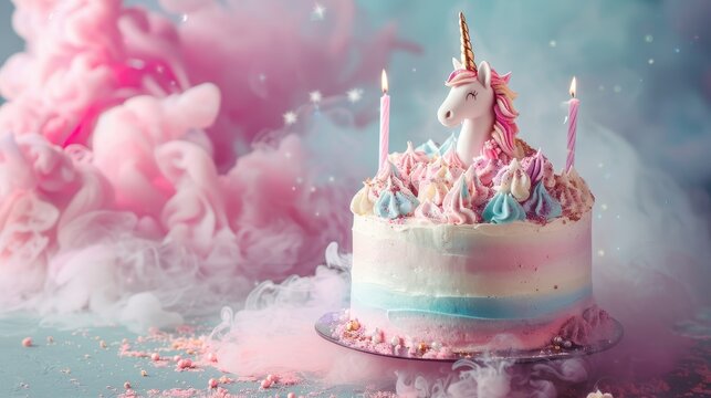 A unicorn cake with pink frosting and blue frosting on top of it