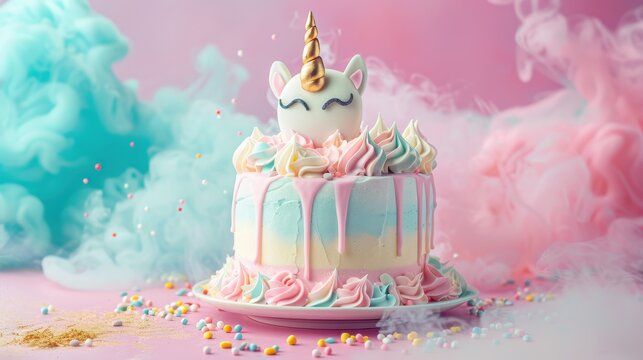A unicorn cake with pink, blue, and white frosting