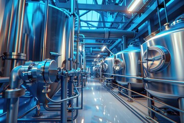 Stainless steel pipes and tanks in modern brewery production.