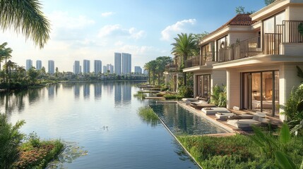 Obraz premium Modern residences line a serene waterway, showcasing sustainable architecture in a vibrant urban setting.