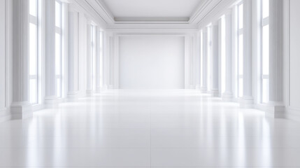 Fototapeta premium Bright and spacious hall with white walls and large windows, perfect for events or creative spaces.
