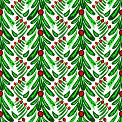 Modern christmas foliage fir branch in traditional red green colors for festive home decor. Scandi bright yuletide holiday background in repeatable tile swatch.