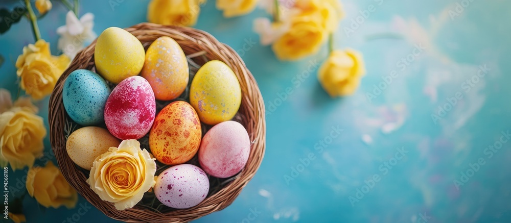 Poster happy easter a basket of easter eggs on a colorful table with yellow roses a top view of naturally d