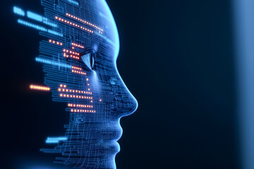 Obraz premium Close-up of a futuristic digital face with glowing lines representing artificial intelligence and technology innovation.