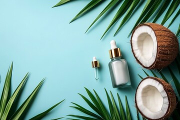 Skin care serum in glass bottle with dropper on light blue background with palm leaves and fresh aromatic coconuts. Natural cosmetic with coconut oil. Organic skin care products. Generative Ai