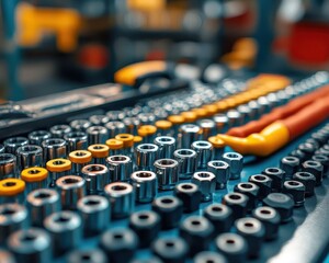 Fototapeta premium Socket set laid out on a workbench, with tools ready for use, Organized, Bright, Detailed
