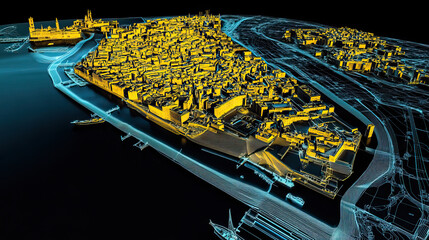 Technical aerial visual, 3D LiDAR GIS aerial map satellite scan model isolated, showing Livorno, Italy. Elevation, topography, render