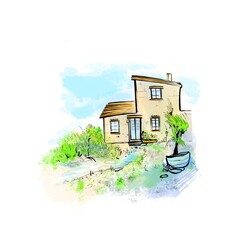 Quick sketching illustration of the house and the green garden