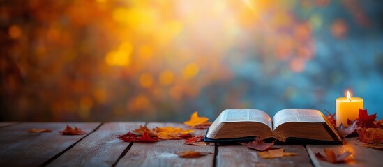 Open Bible with Candlelight on Wooden Table Surrounded by Autumn Leaves, Quiet Study Time, Daily Devotion, Faith, Reflection