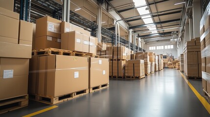 Spacious Warehouse with Palletized Cardboard Boxes. Bright and spacious warehouse filled with palletized cardboard boxes, optimized for storage and distribution.