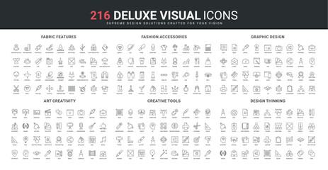 Create and share design ideas and authors vision, designers tool, fabric feature line icon set. Art thinking, creative graphics and fashion accessory thin black outline symbols vector illustration