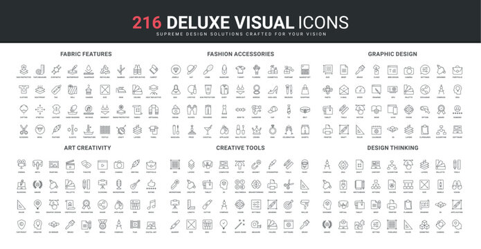 Create and share design ideas and authors vision, designers tool, fabric feature line icon set. Art thinking, creative graphics and fashion accessory thin black outline symbols vector illustration