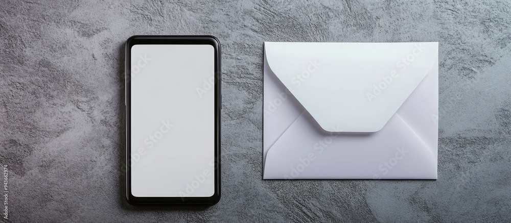 Aufkleber Top view of a white envelope a blank card and a smartphone with a blank screen all set against a grey background. with copy space image. Place for adding text or design